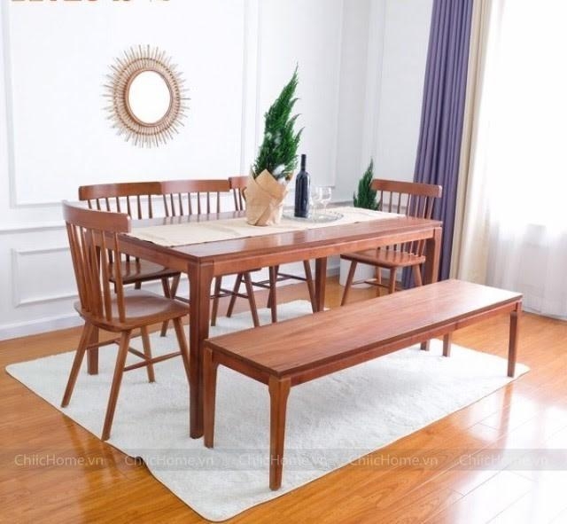 Mẫu bàn ăn gỗ tự nhiên gồm 1 bàn, 5 ghế, 1 ghế văng